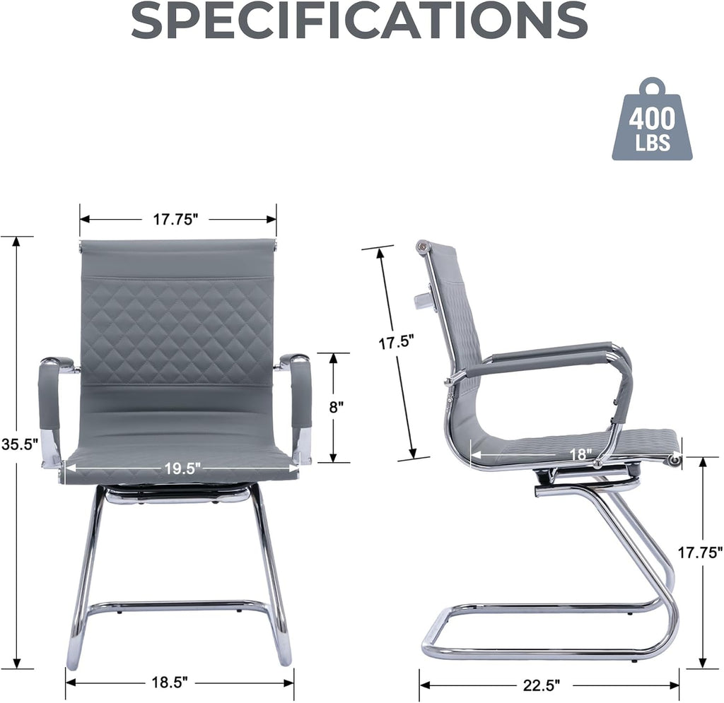 VESCASA Set of 2 Office Guest Chairs with Padded Arms, Stationary PU Leather Reception Chairs No Wheels, Sled Base Side Chair for Small Meeting Room or Home Office (Gray)