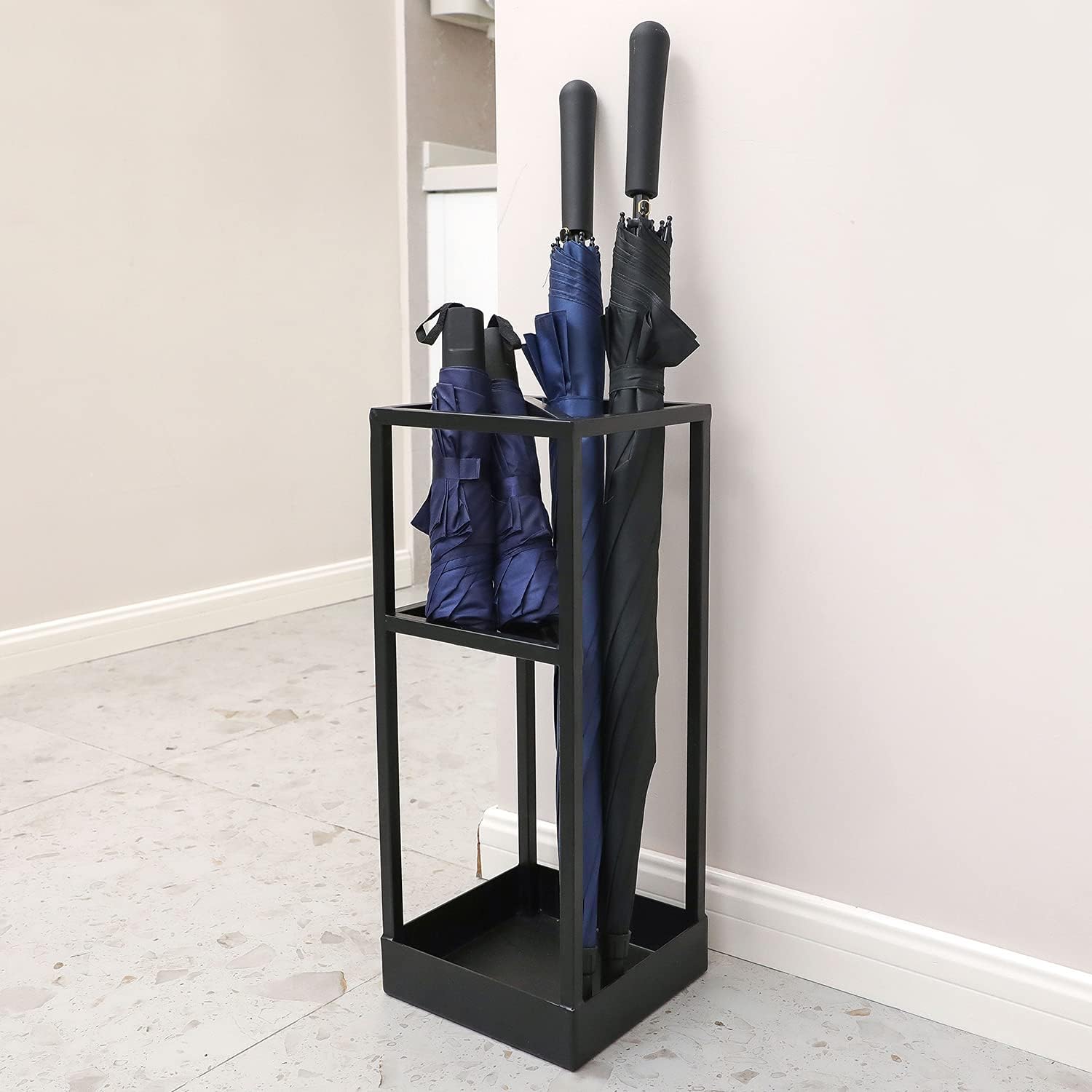 MyGift Umbrella Stand,Umbrella Holder for Entryway,20 Inch Tall Modern Metal Geometric Freestanding Umbrella Rack or Cane Holder with Shelf for Small Umbrellas and Bottom Drip Tray (Black)