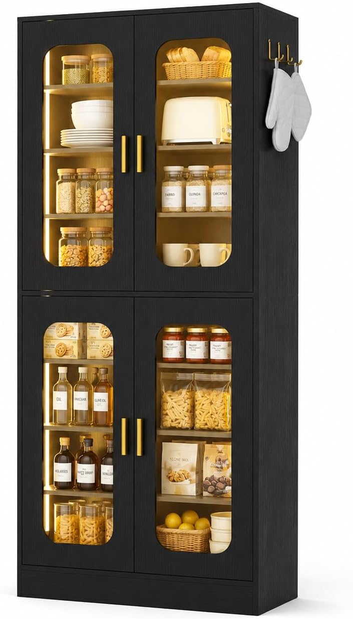 Cyclysio 67" LED Kitchen Pantry Cabinet with 6 Adjustable Shelves, Tempered Glass Doors, Built-in Color-Changing LED, Large Storage Cupboard for Kitchen, Dining, Living Room, and Bathroom, Black
