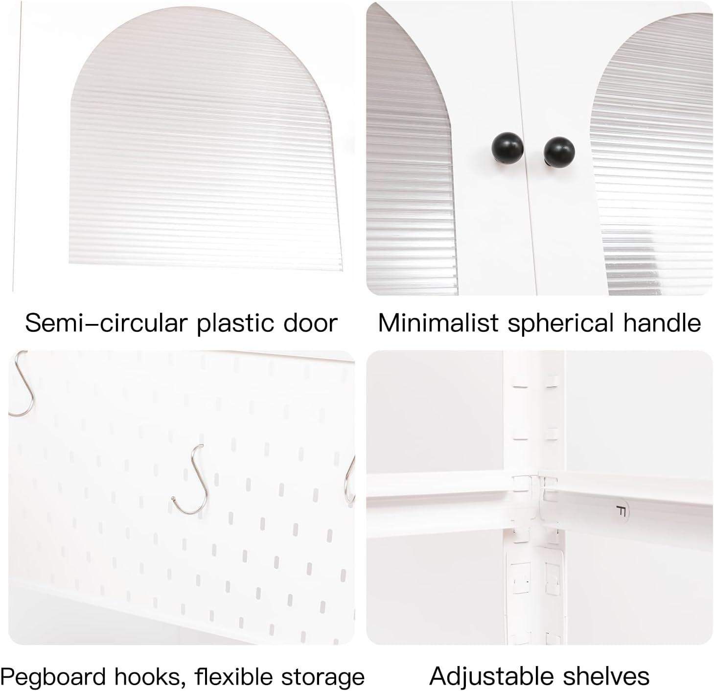 White Steel Wardrobe with Arched Sunlight Panel Doors, Hanging Rail, Open Shelves, 95.1 in Tall, Modern Bedroom Closet Organizer (White1)