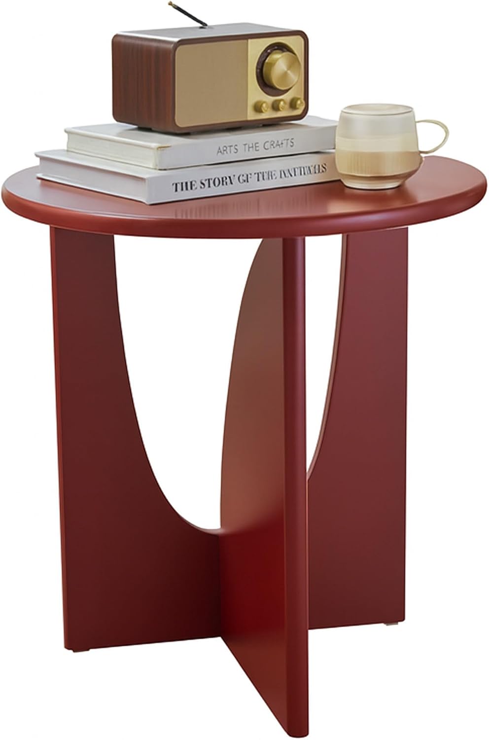 KB Designs - Side End Table Modern Round Wood Accent Table with Sculptural U Shaped Base Compact Furniture for Living Room Bedroom Office Side Table for Small Spaces Home Decor Accent (Red)