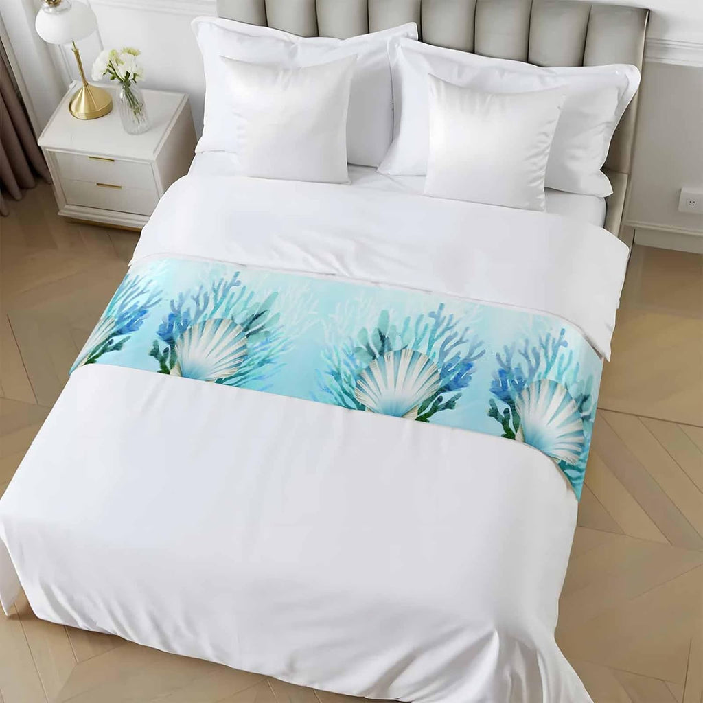 Bed Runner Scarf for King Size Bed, Teal Blue Coastal Beds Scarf Throws for Foot of Bedding, Summer Ocean Sea Shells Corals Decorative Beds Runners for Bedroom Guestroom, 94"x20"