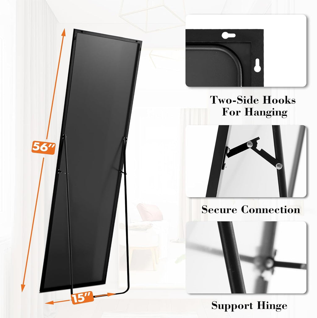Sweetcrispy 56"x15" Full Length Mirror, Leaning or Standing Full Body Mirror with Aluminum Alloy Thin Frame, Suitable for Bedroom, Living Room, Cloakroom, Black