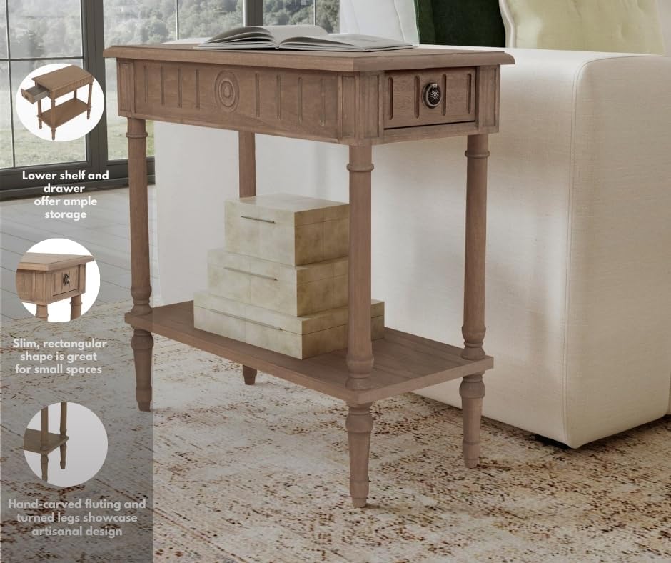 East at Main Narrow End Table with Drawer & Shelf, Solid Wood Slim Side Table for Small Spaces, Farmhouse End Table for Living Room, Bedroom or Entryway, Rustic Brown Finish
