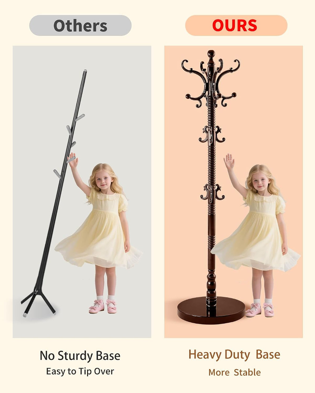 Wooden Coat Rack Freestanding, Solid Wood Coat Rack Stand with 14 Hooks, Vintage Heavy Duty Standing Coat, Sturdy Jacket Hanger Tree Stand for Corner, Office, Entryway