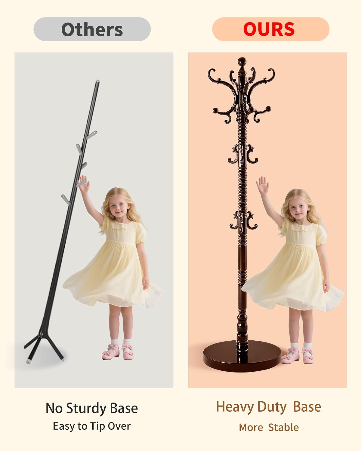 Wooden Coat Rack Freestanding, Solid Wood Coat Rack Stand with 14 Hooks, Vintage Heavy Duty Standing Coat, Sturdy Jacket Hanger Tree Stand for Corner, Office, Entryway
