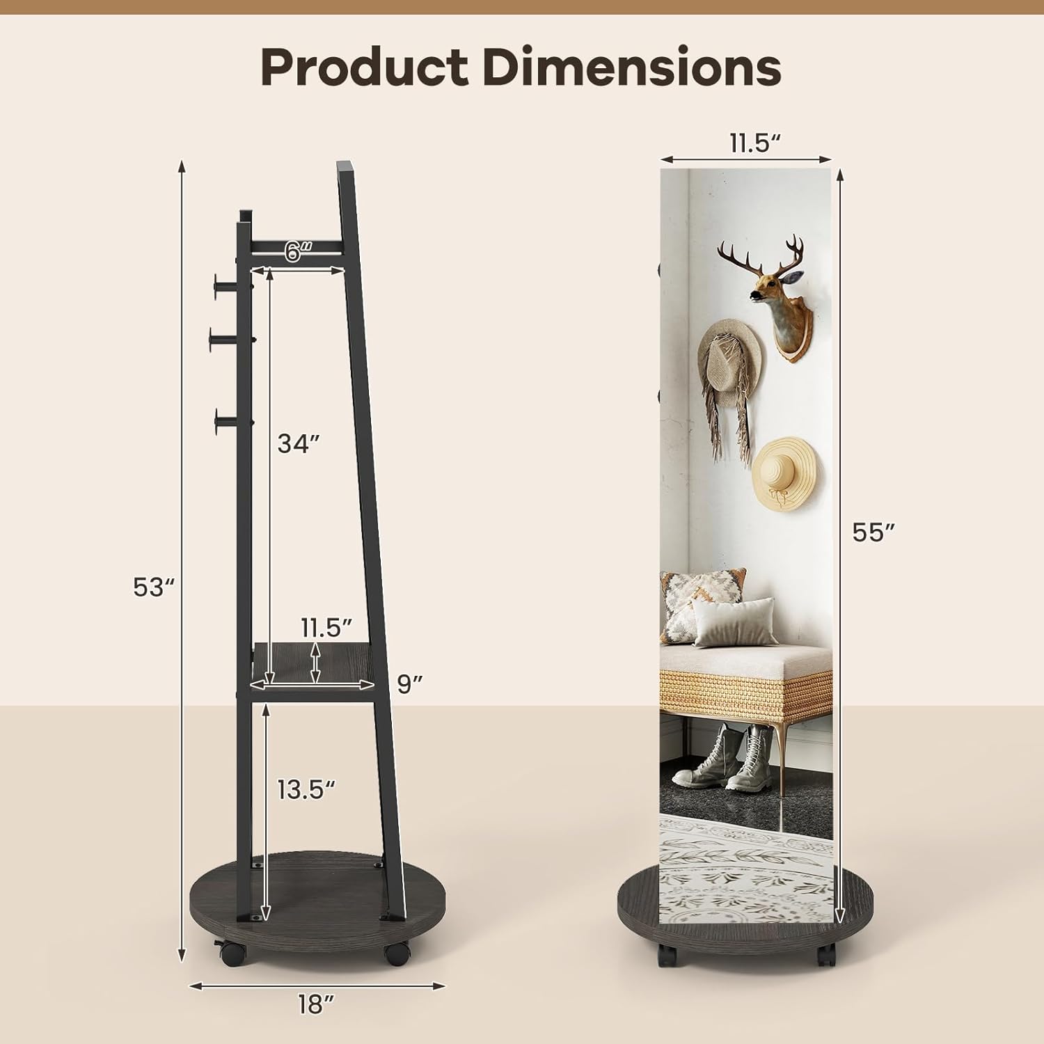 Tangkula Full Length Mirror with Coat Rack, Swivel 55" Standing Floor Mirror on Wheels with Shelves, Hanging Rods & Hooks, Coat Tree with Full Body Mirror for Living Room, Entryway, Bedroom