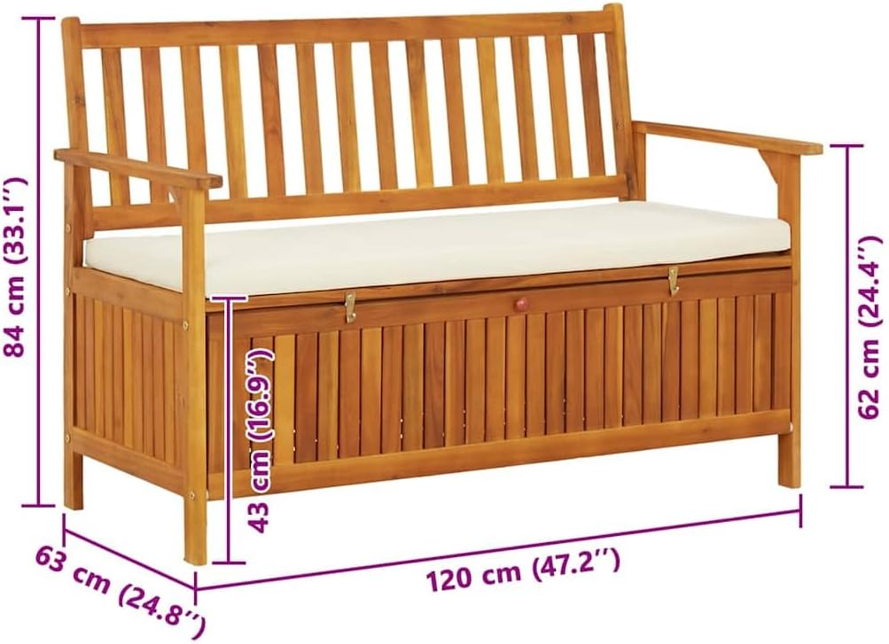 Rustic Storage Bench Natural Solid Acacia Wood with Polyester Cushion 47.2 x 47.2 x 33.1 in for Outdoor Patio Porch Front Porch Seating and Storage