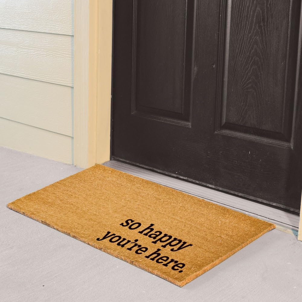 Great American Coco Coir Doormat with Heavy Duty Backing - Large 18" x 30" Non-Slip Minimalist Front Door Welcome Mat - Outside Entrance, Front Porch, Indoor Entry, Brown (Happy You're here)