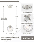 2-Pack Glass Pendant Lights Kitchen Island, 7.7" Modern Brushed Nickel Pendant Lighting Small Hanging Light Fixtures for Kitchen, Dining Room, Bathroom, Bedroom
