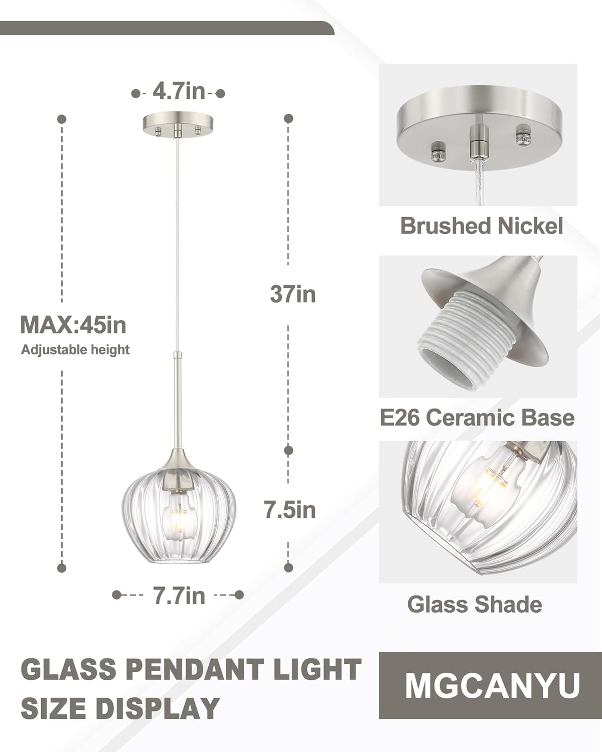 2-Pack Glass Pendant Lights Kitchen Island, 7.7" Modern Brushed Nickel Pendant Lighting Small Hanging Light Fixtures for Kitchen, Dining Room, Bathroom, Bedroom