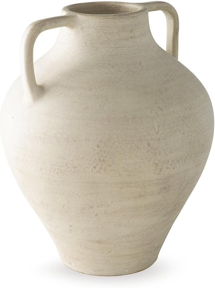 Signature Design by Ashley Justy Vase, Terra Cotta Decor with Antiqued Beige Finish for Faux or Dried Arrangements, Sculptural Accent for Tables or Shelves, 17" H