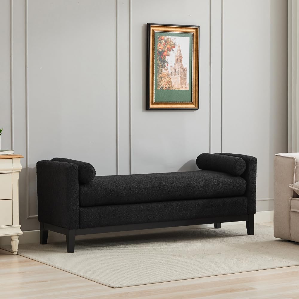 66.34" W Elegant Upholstered Bench,Daybed, Ottoman with Wood Legs & 2 Bolster Pillows for End of Bed, Bedroom, Living Room, Entryway,Black Boucle