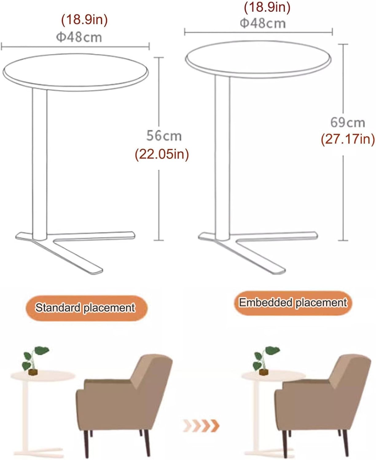 Round End Table,Embedded Coffee Table with V-Type Base,Sofa Side Table for Living Room Balcony Apartment Office Bedroom(Dark Green,48x56cm)