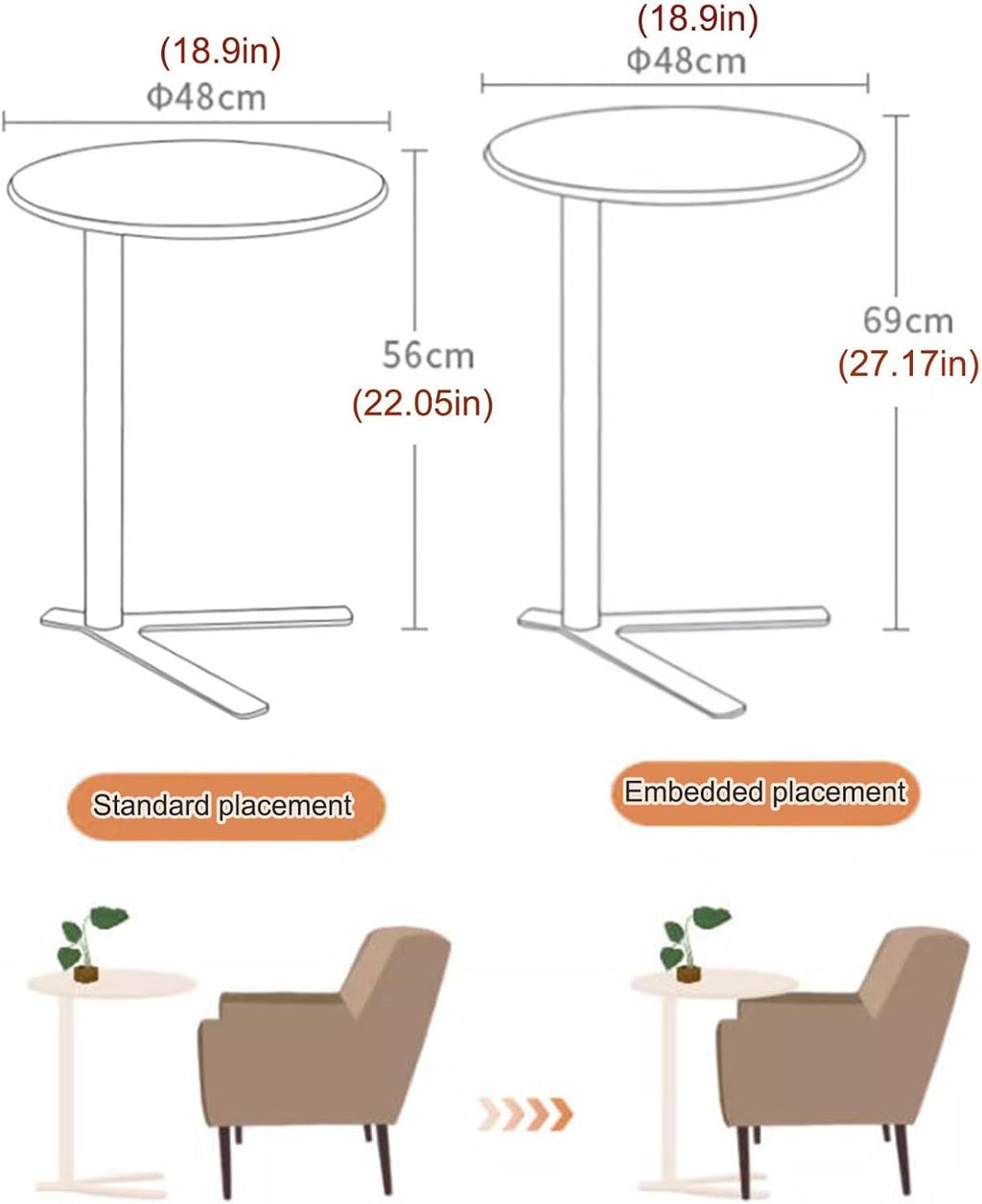 Round End Table,Embedded Coffee Table with V-Type Base,Sofa Side Table for Living Room Balcony Apartment Office Bedroom(Beige,48x56cm)