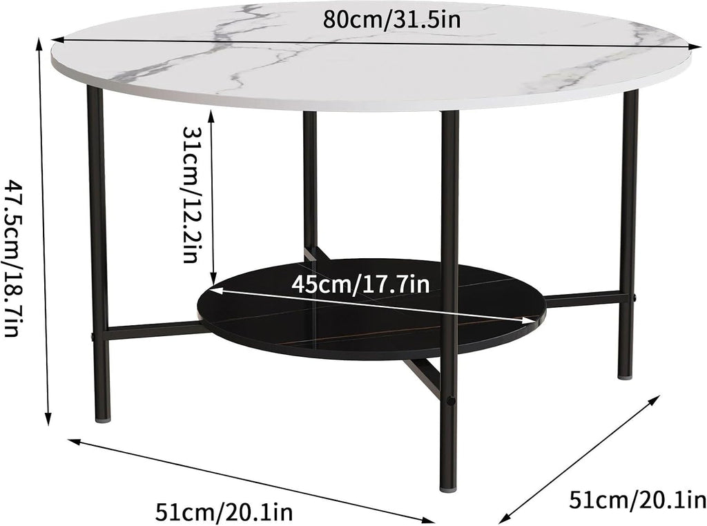 31.5Wx20.1Dx18.7H inch Round Marble Coffee Table, 2 Tier, Sofa Side End Table, Nightstand, Open Storage, Living Room Decor, Center Table, 32"