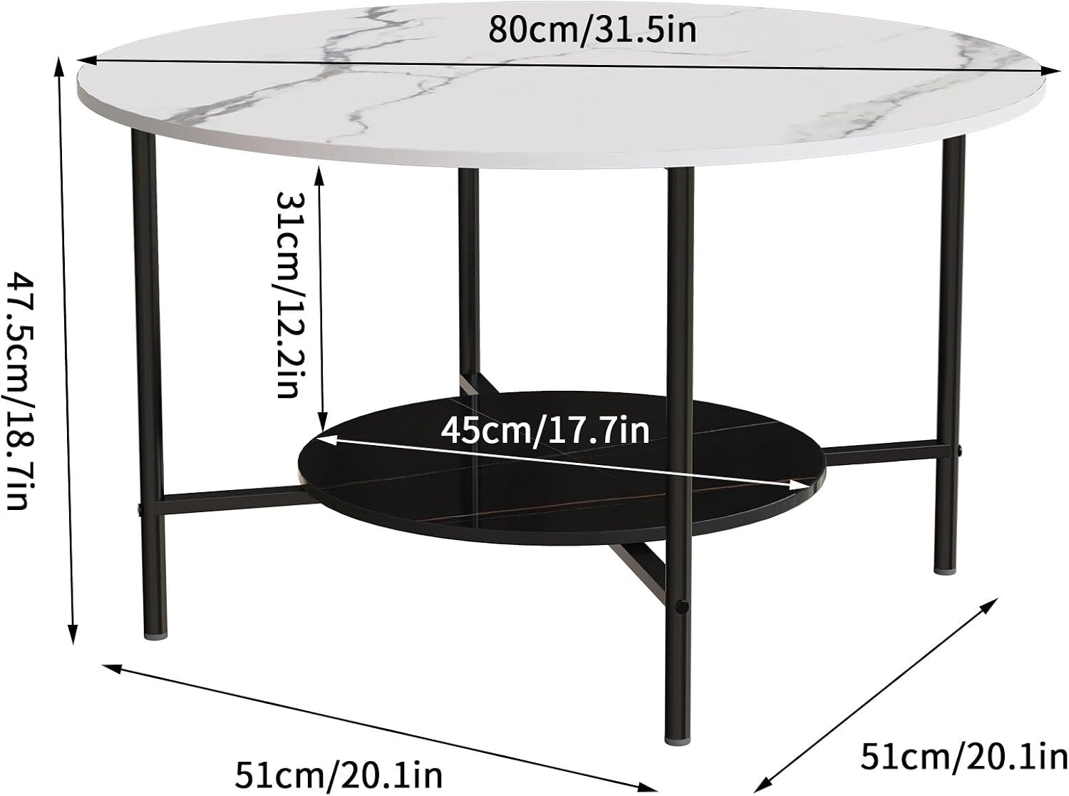 31.5Wx20.1Dx18.7H inch Round Marble Coffee Table, 2 Tier, Sofa Side End Table, Nightstand, Open Storage, Living Room Decor, Center Table, 32"