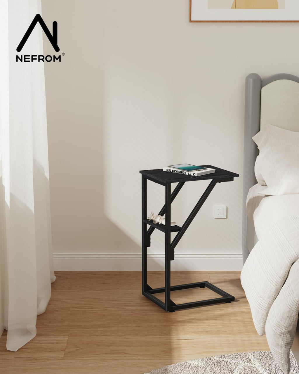C-Shaped End Table, Small Couch Side Table, Sofa TV Tray Table for Living Room, Bedroom, Bedside ET-D-BK1
