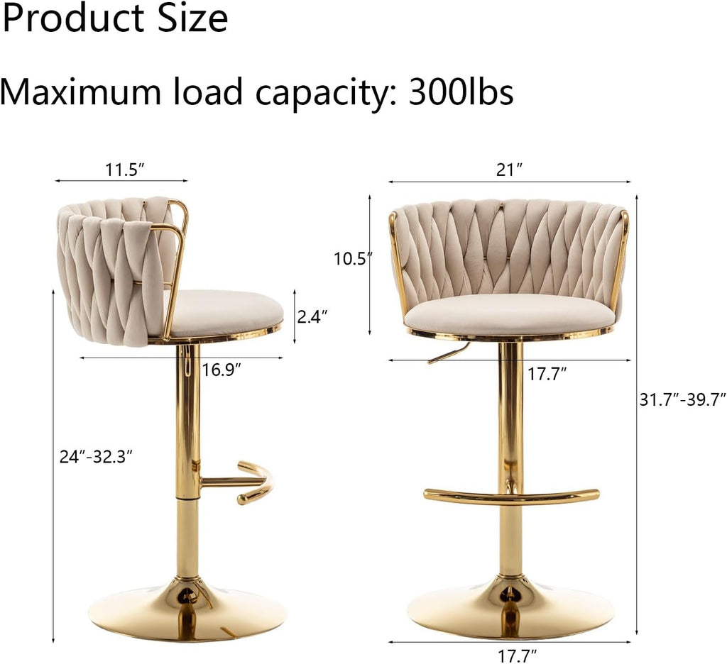 Riknuxi Velvet Bar Stools Set of 3, Counter Height Bar Chairs with Low Back, Gold Swivel Bar Stools for Kitchen Island, Pub (Beige)