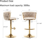 Riknuxi Velvet Bar Stools Set of 3, Counter Height Bar Chairs with Low Back, Gold Swivel Bar Stools for Kitchen Island, Pub (Beige)