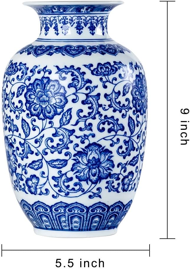 Qinlang 9 in Small Ceramic Vases for Flowers, Blue and White Flower Vase for Centerpieces - Lotus Pattern