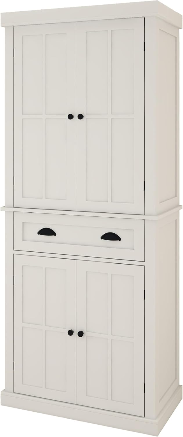 Freestanding Kitchen Pantry with Dawer, 4 Shelves, 2 Double Doors, Rectangular Storage Cabinet, Modern Minimalist, for Living Room, Dining Room, White