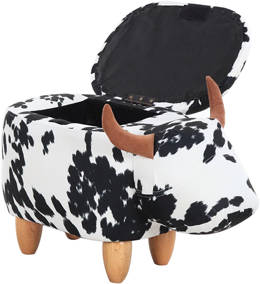 OLizee® Decorative Cow Storage Ottoman Footstool Cute Animal Upholstered Stool for Kids Wooden Accent Footrest, Black White
