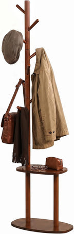Giantex Coat Rack Freestanding, 70" Solid Wood Clothing Rack with 8 Hooks and 2 Storage Shelves, Wooden Hall Tree for Coats, Hats & Bags, Tall Coat Hanger Stand for Entryway, Living Room, Bedroom