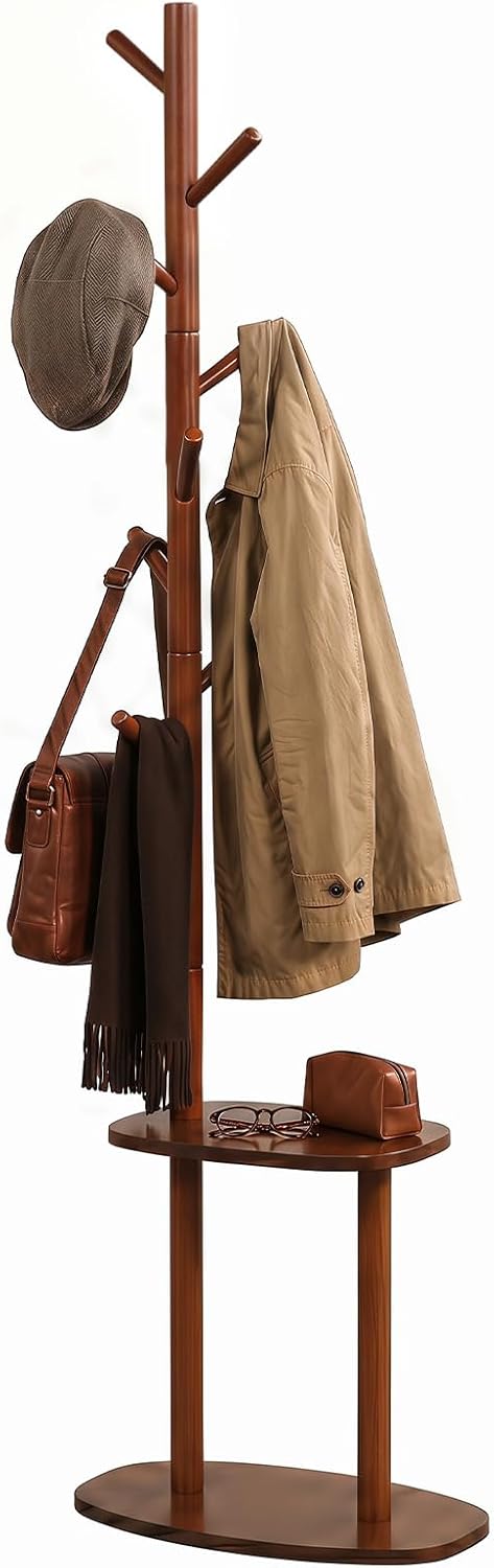 Giantex Coat Rack Freestanding, 70" Solid Wood Clothing Rack with 8 Hooks and 2 Storage Shelves, Wooden Hall Tree for Coats, Hats & Bags, Tall Coat Hanger Stand for Entryway, Living Room, Bedroom