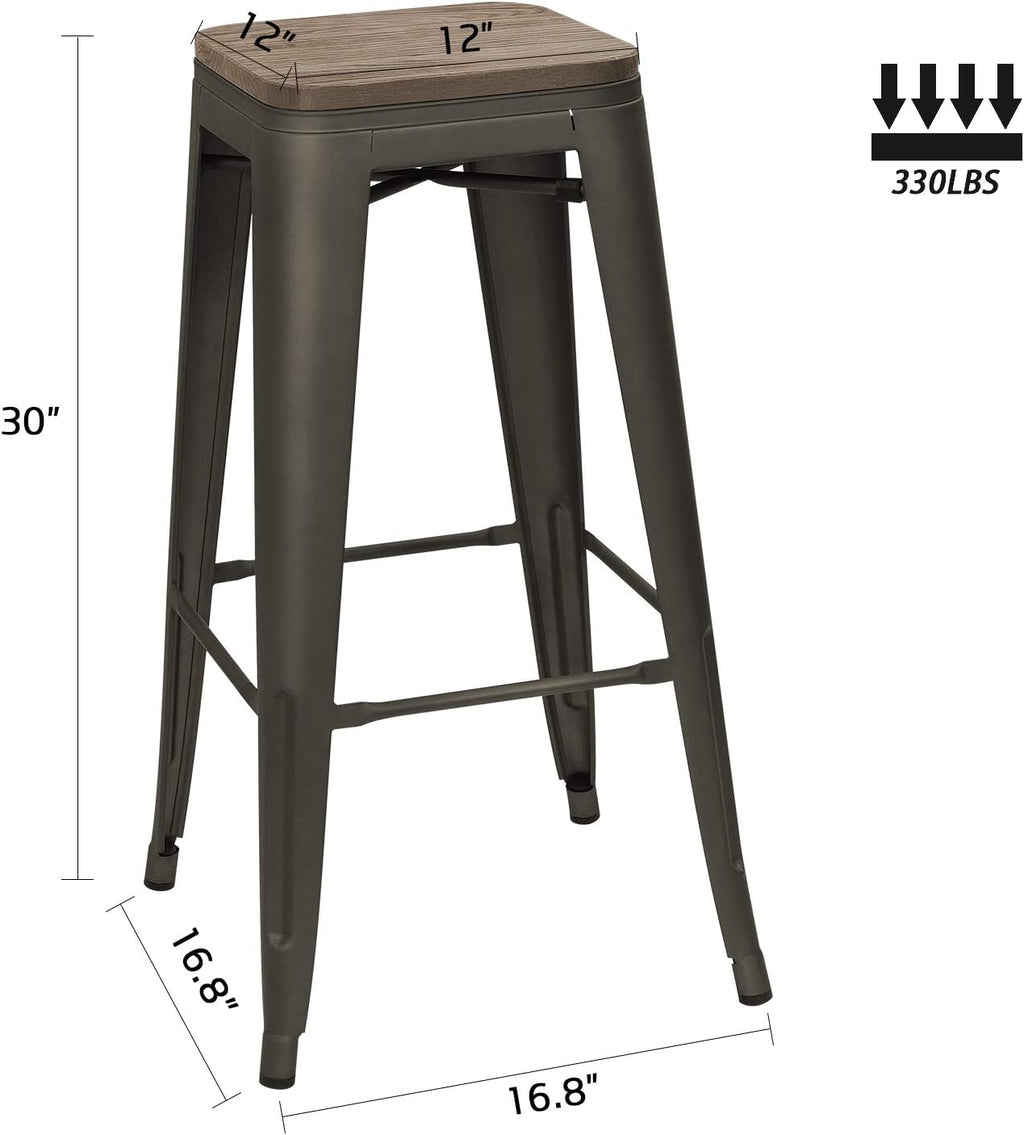 Devoko Metal Bar Stool 30'' Indoor Outdoor Stackable Barstools Modern Industrial Square Wood Top Bar Stools Set of 4 (30 inch, Gun)