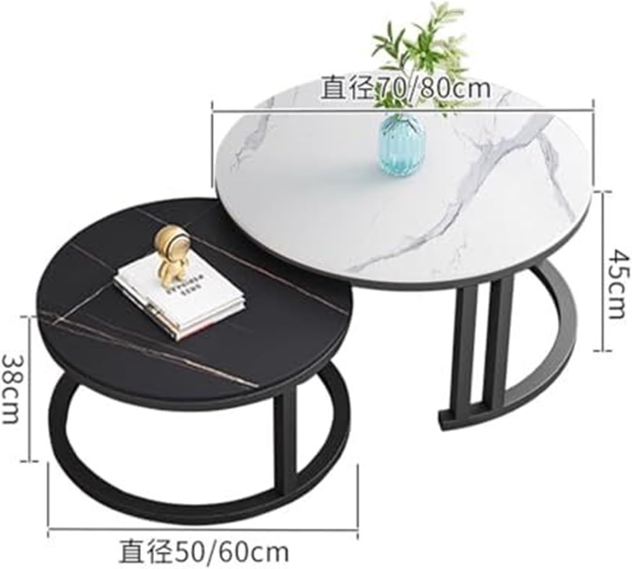 Round Marble Coffee Table Set of 2 - Nesting Tables for Living Room & Home Office - Stylish Side Tables with Modern Design(B,80CM)