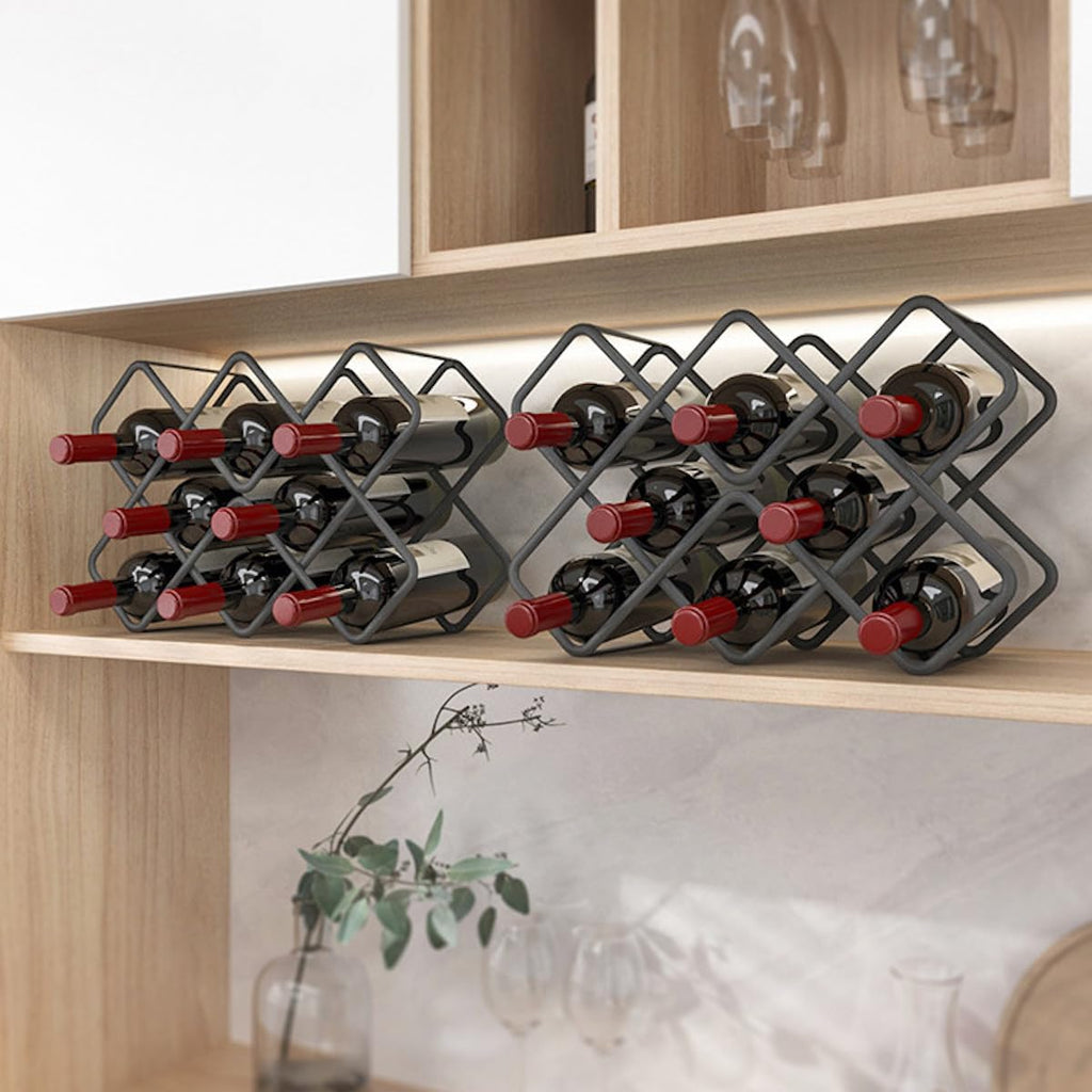 Metal Wine Rack – Matte Black Carbon Steel, 10-Bottle Countertop & Hangable Wine Holder, Modern Geometric Design, Rustproof, Under-Cabinet Display, No Assembly Needed for Countertop Use