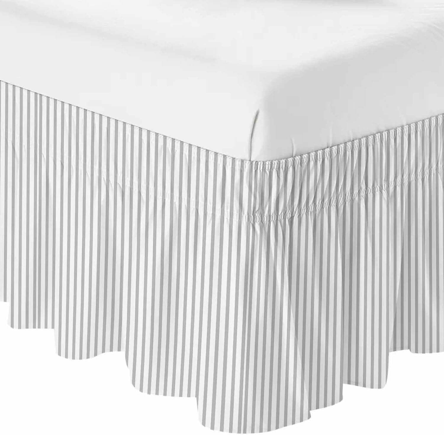 Grey Vertical Striped Bed Skirt Queen Size 16 Inch Drop, Adjustable & Elastic Wrap Around Bed Skirts Pleated Luxury Dust Ruffles for Twin Full Queen Cal King Base Bed, Farmhouse Thin Line Stripes