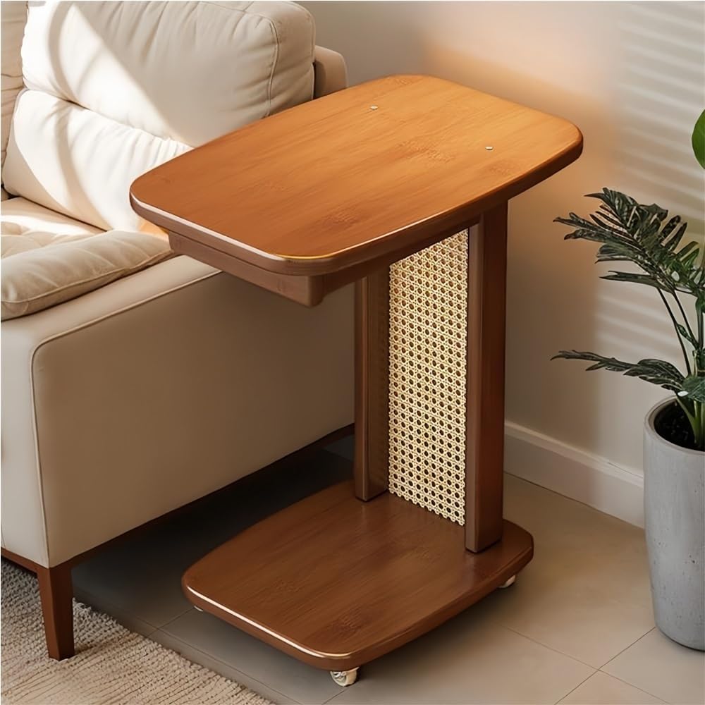 Narrow C-Shaped Side Table, Movable End Tables with Wheels, Wooden C Table with Storage for Living Room, Bedroom and Office(Brown,19.29in)