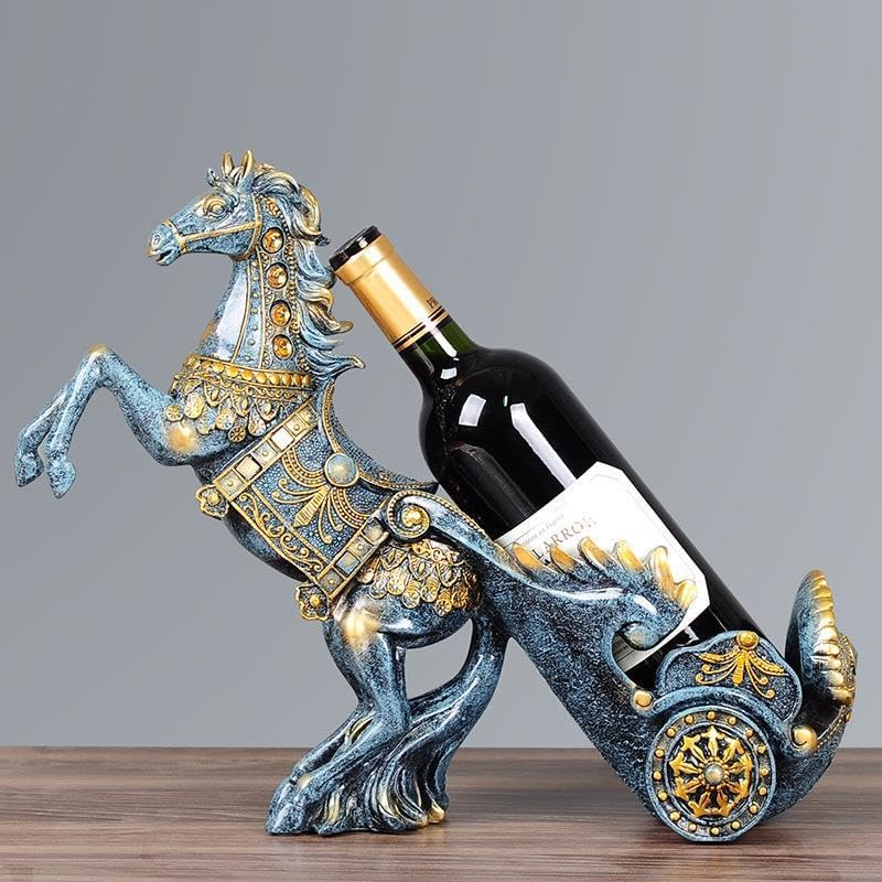 Horse Sculpture Resin Wine Bottle Holder - Tabletop Kitchen Decor, Decorative Storage Organizer for Home Bar Cellar, Unique Gift for Men Women Housewarming, Holds 1 Standard Bottle (Blue A)
