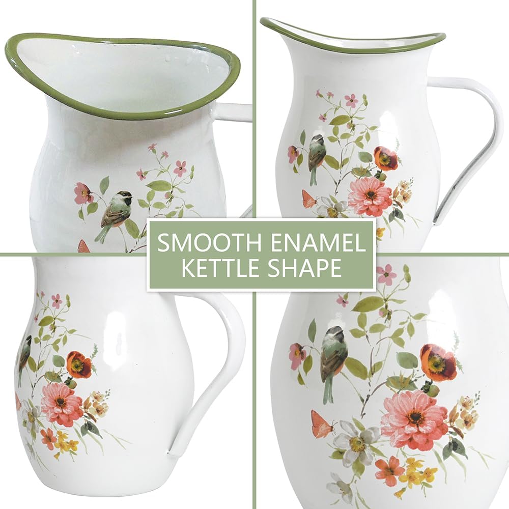 Enamel Vintage Pitcher Vase for Flowers,7.9" L x 5.3" W x 7.5" H Rustic Pitcher Vase,Farmhouse Decor for Kitchen Table Centerpiece,Living Room,Bedroom (Green)
