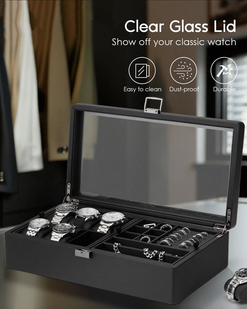 VLANDO 6-Slot Watch Box for Men, Lockable 2-Layer Organizer with Glass Lid, Textured Leather Case for Watches, Rings, Bracelets and Glasses, Gift for Husband or Dad
