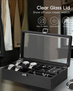 VLANDO 6-Slot Watch Box for Men, Lockable 2-Layer Organizer with Glass Lid, Textured Leather Case for Watches, Rings, Bracelets and Glasses, Gift for Husband or Dad