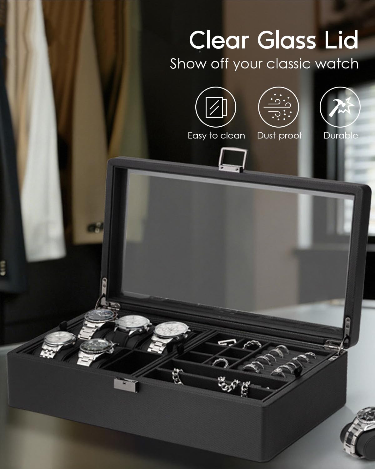VLANDO 6-Slot Watch Box for Men, Lockable 2-Layer Organizer with Glass Lid, Textured Leather Case for Watches, Rings, Bracelets and Glasses, Gift for Husband or Dad