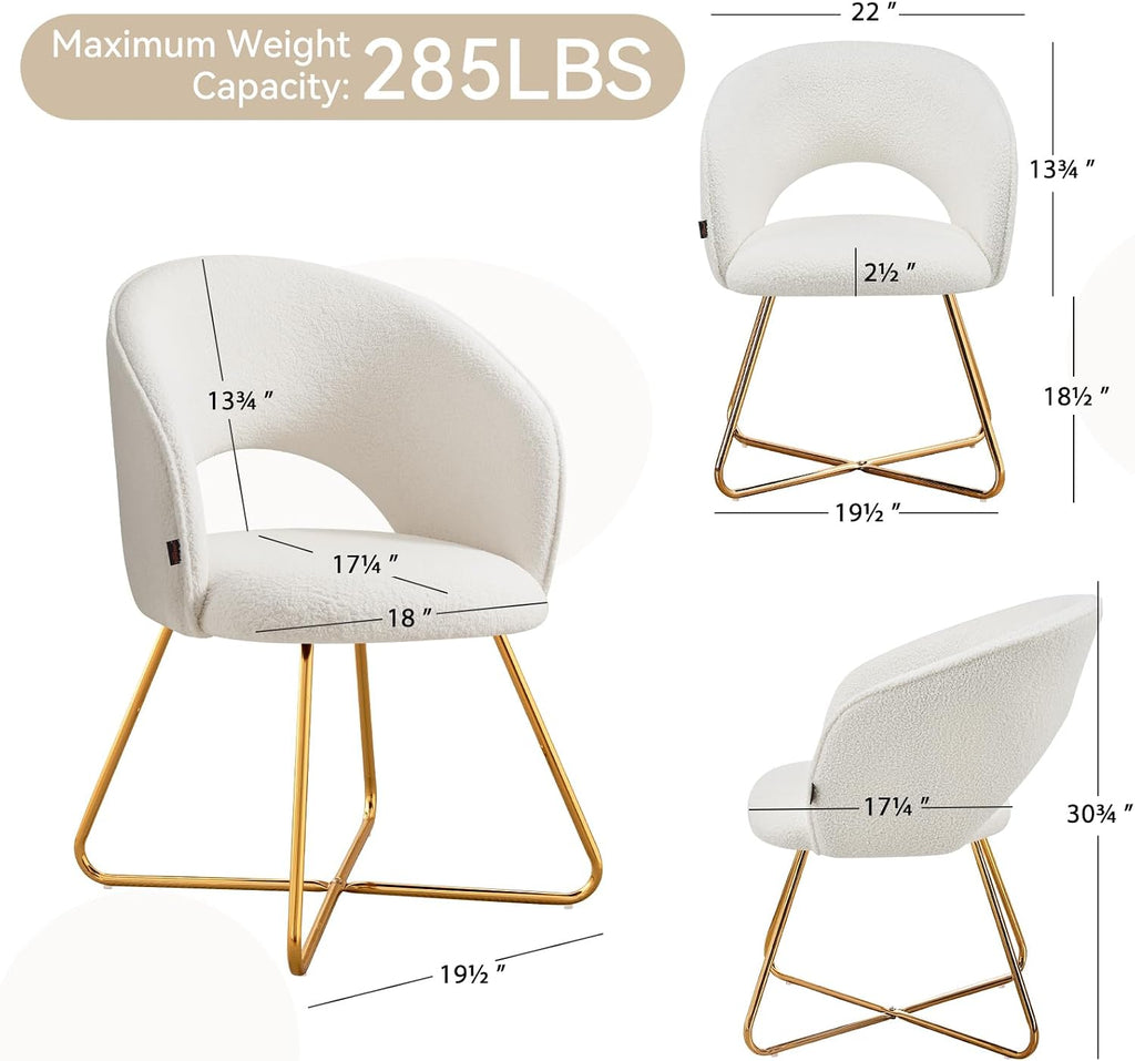 Furniliving Modern Accent Chair Velvet Comfy Lounge Chairs for Bedroom, Upholstered Barrel Vanity Chair with Back, Mid Century Makeup Chair with Gold Leg (Hollow-Backrest, White)