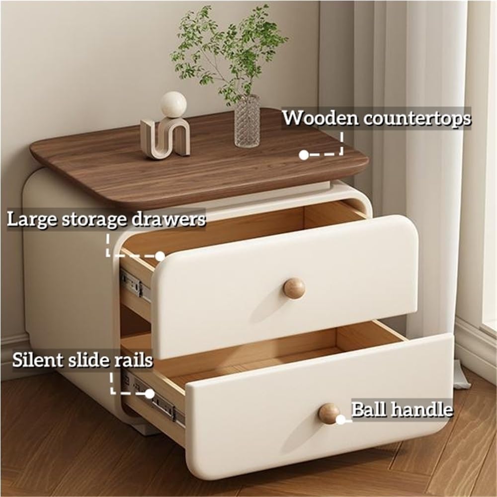 Leather Bedside Table with 2 Drawers, Vintage Wood Nightstand for Bedroom and Living Room