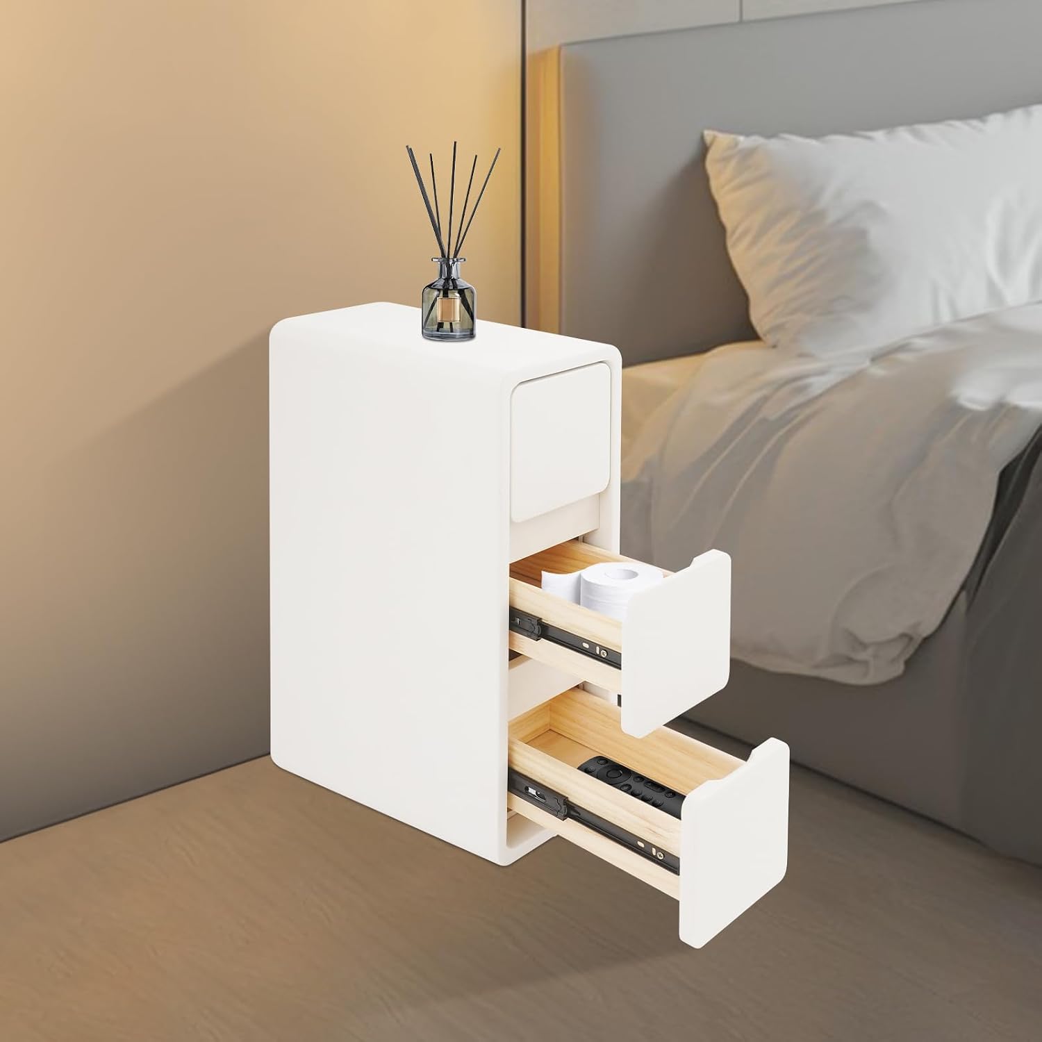 Solid Wood End Table, Narrow Bedside Table with 3 Drawers w/Leather Surface for Bedroom, Small Spaces, Living Room, Off-White