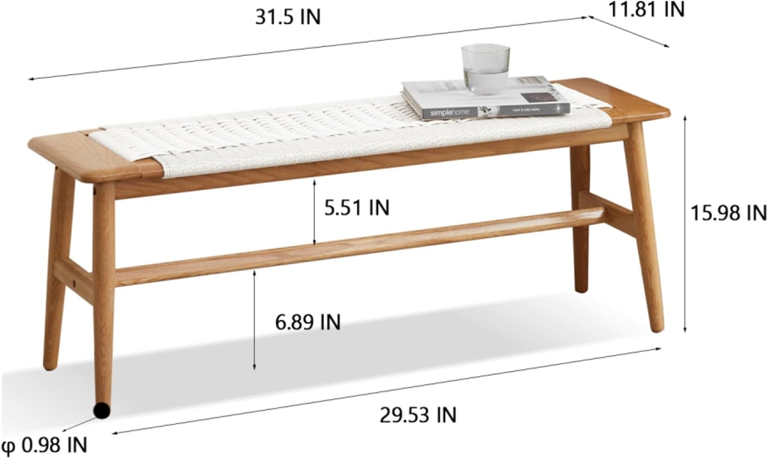Natural Solid Oak Wood Multipurpose Bench, Minimalist Armless Dining Table Bench Seat, Heavy Duty Indoor Accent Bench for Bedroom, Dining Room, Entryway & Bathroom (White)