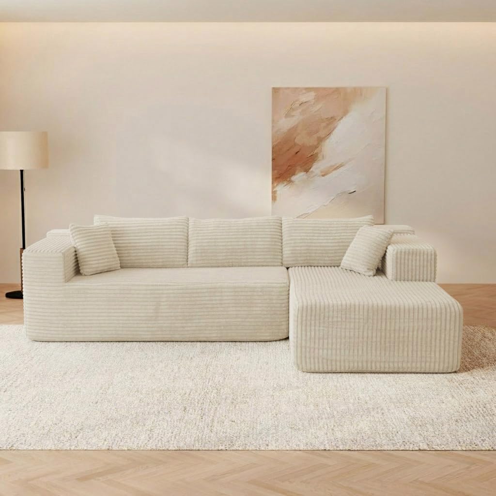 FUFU&GAGA 105.9” Sectional Sofa with Chaise, L-Shape Corduroy Cloud Couch with Pillows, Modern Boneless Sofa for Living Room Apartment, No Assembly Required, Beige, 105.9”W x 68.9”D x 26.4”H