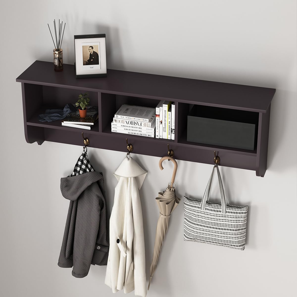 38.6inch Wall Mounted Entryway Coat Rack with Storage Shelf 4 Dual Hooks Wooden Storage Living Room Wall Cabinet with 3 Cubbies Space Saving Hanging Shelf for Hats Bags Coats (Espresso)