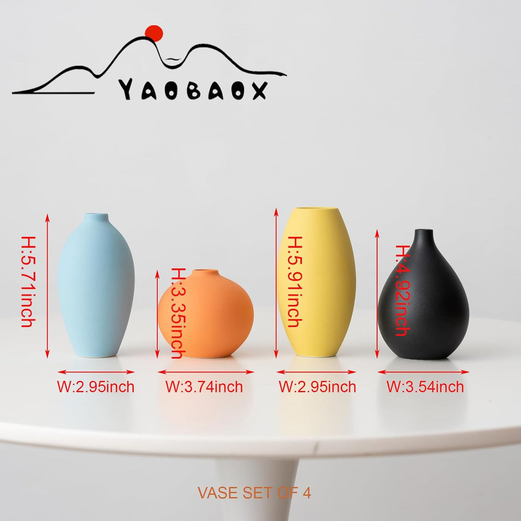 Small Ceramic Matte Vase Set 4 for Modern Home Decor Flower Decoration Office,Bookdesk, Bookshelf, Centerpieces, Tables, Living Room, Dining Table, Bedroom Shelf Entryway Ornament Gift