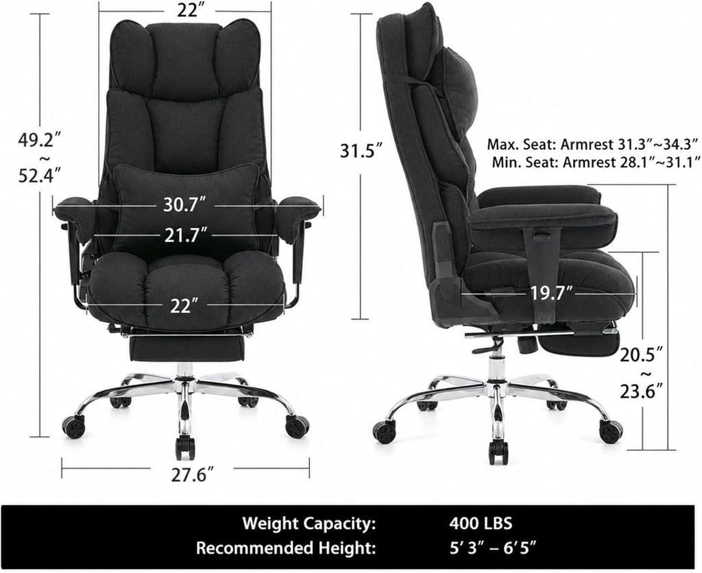 mokodo Big and Tall Office Chair 400lbs, Breathable Fabric Executive Desk Chair with Pocket Spring Cushion, 155° Reclining Computer Chair with Integrated Headrest & Lumbar Pillow (Black)