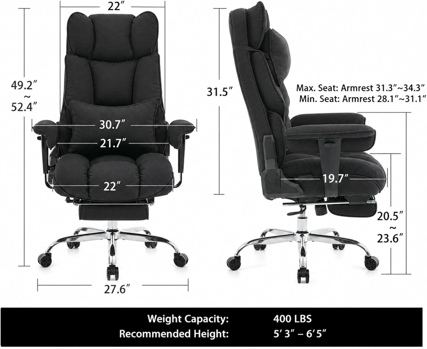 mokodo Big and Tall Office Chair 400lbs, Breathable Fabric Executive Desk Chair with Pocket Spring Cushion, 155° Reclining Computer Chair with Integrated Headrest & Lumbar Pillow (Black)