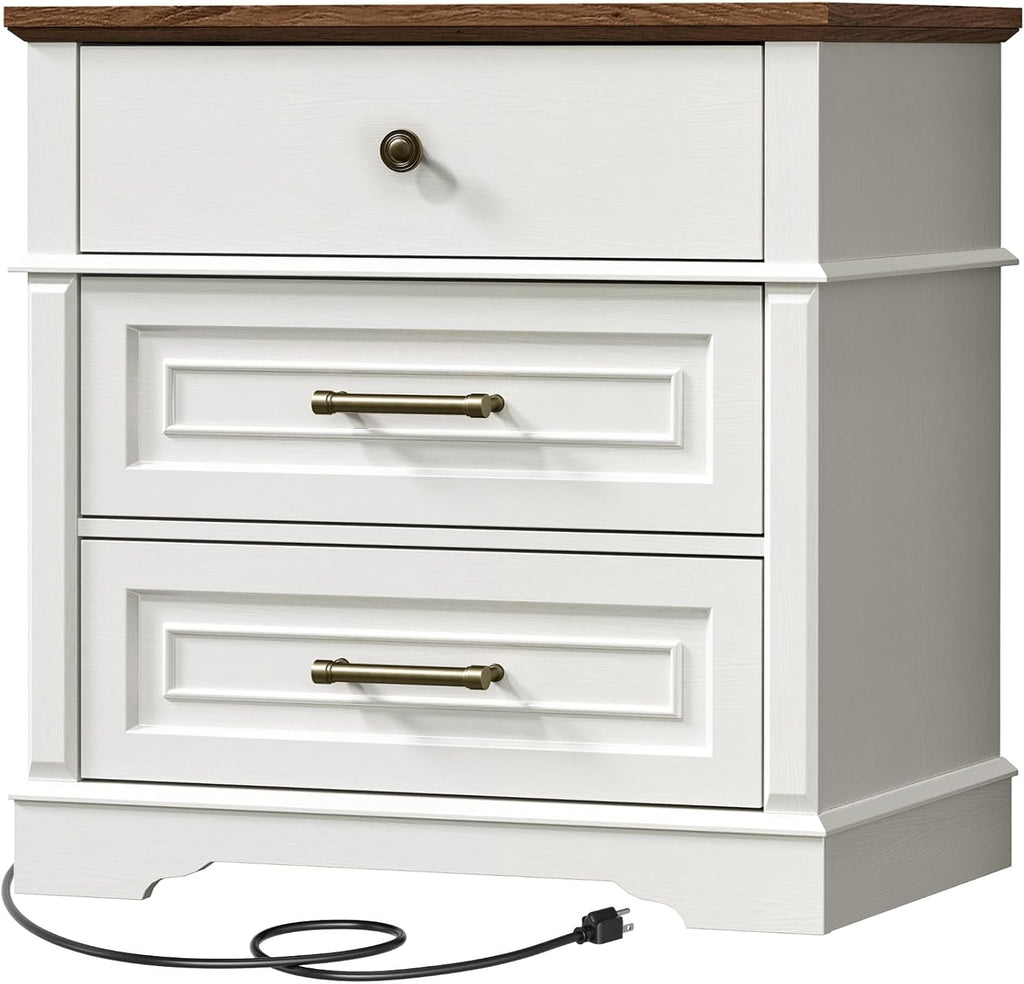 RALGEND 29.5" Tall Nightstand with Charging Station, 3 Drawer Farmhouse Night Stand, 27.6" Wide End Table with Storage, Large Bedside Table for Bedroom Living Room, White and Walnut
