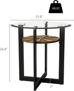 LEEMTORIG Round Glass End Table for Living Room, 23.8" Dia. x 24.4" H Modern Circle End Table with 8mm Thickened Tempered Glass, 2-Tier Side Table with Unique Wood Shelf, Black Metal Frame, CJZ-B2616